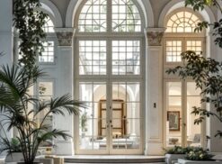 Ampia hall con finestre ad arco ed eleganti infissi, caratterizzata da piante rigogliose, decorazioni bianche, pavimenti lucidati e vista su un cortile interno. Scopri perché Roma Est offre le migliori viste della città.