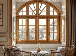 Una grande finestra ad arco con infissi in legno a Roma Est impreziosisce una stanza elegante. Due sedie in vimini e un tavolo rotondo sono rivolti verso la finestra. La luce del sole entra a fiotti, illuminando magnificamente l'interno.