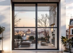 Una grande finestra con infissi in alluminio Roma Est in un edificio moderno si affaccia su un paesaggio urbano con alberi ed edifici sotto un cielo azzurro terso. Piante da interno e mobili eleganti sono visibili all'interno.