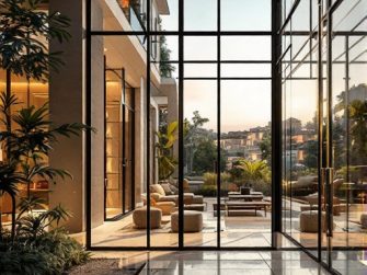 Ampio atrio moderno con infissi di ultima tendenza, con grandi vetrate, piante e posti a sedere all'aperto con vista su un giardino e sulla città in lontananza. La luce naturale riempie l'area.