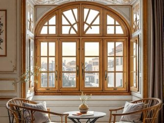 Una grande finestra ad arco con infissi in legno a Roma Est impreziosisce una stanza elegante. Due sedie in vimini e un tavolo rotondo sono rivolti verso la finestra. La luce del sole entra a fiotti, illuminando magnificamente l'interno.