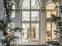 Ampia hall con finestre ad arco ed eleganti infissi, caratterizzata da piante rigogliose, decorazioni bianche, pavimenti lucidati e vista su un cortile interno. Scopri perché Roma Est offre le migliori viste della città. {{brizy_dc_image_alt entityId=