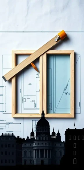 Progetto con una squadra a T e una squadra da disegno posizionate in alto, con le sagome degli edifici in basso. Progetto con una squadra a T e una squadra da disegno posizionate in alto, con le sagome degli edifici in basso.