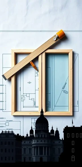 Progetto con una squadra a T e una squadra da disegno posizionate in alto, con le sagome degli edifici in basso. {{brizy_dc_image_alt imageSrc=