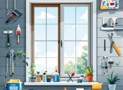 Una finestra con vari attrezzi per la pulizia e il giardinaggio appesi al muro, piante in vaso sul davanzale e prodotti per la pulizia organizzati meticolosamente su uno scaffale sottostante: un esempio di infissi Roma Est manutenzione e cura. {{brizy_dc_image_alt entityId=