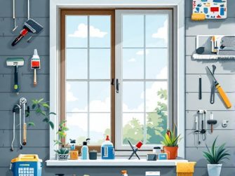 Una finestra con vari attrezzi per la pulizia e il giardinaggio appesi al muro, piante in vaso sul davanzale e prodotti per la pulizia organizzati meticolosamente su uno scaffale sottostante: un esempio di infissi Roma Est manutenzione e cura.