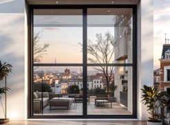 Una grande finestra con infissi in alluminio Roma Est in un edificio moderno si affaccia su un paesaggio urbano con alberi ed edifici sotto un cielo azzurro terso. Piante da interno e mobili eleganti sono visibili all'interno. {{brizy_dc_image_alt entityId=