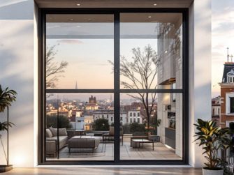 Una grande finestra con infissi in alluminio Roma Est in un edificio moderno si affaccia su un paesaggio urbano con alberi ed edifici sotto un cielo azzurro terso. Piante da interno e mobili eleganti sono visibili all'interno.