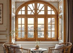 Una grande finestra ad arco con infissi in legno a Roma Est impreziosisce una stanza elegante. Due sedie in vimini e un tavolo rotondo sono rivolti verso la finestra. La luce del sole entra a fiotti, illuminando magnificamente l'interno. {{brizy_dc_image_alt entityId=