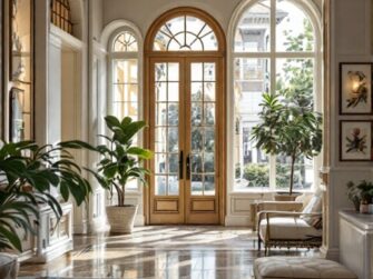 Camera elegante e luminosa, con grandi finestre ad arco, porte in legno, piante in vaso e comode sedute.