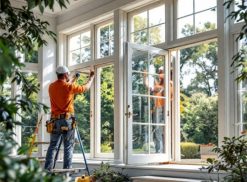 In una stanza luminosa circondata da piante e da una vista esterna, un operaio con un casco da lavoro regola diligentemente una grande porta a vetri. La scena cattura l'essenza di {{brizy_dc_image_alt entityId=