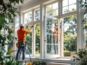In una stanza luminosa circondata da piante e da una vista esterna, un operaio con un casco da lavoro regola diligentemente una grande porta a vetri. La scena cattura l'essenza di 