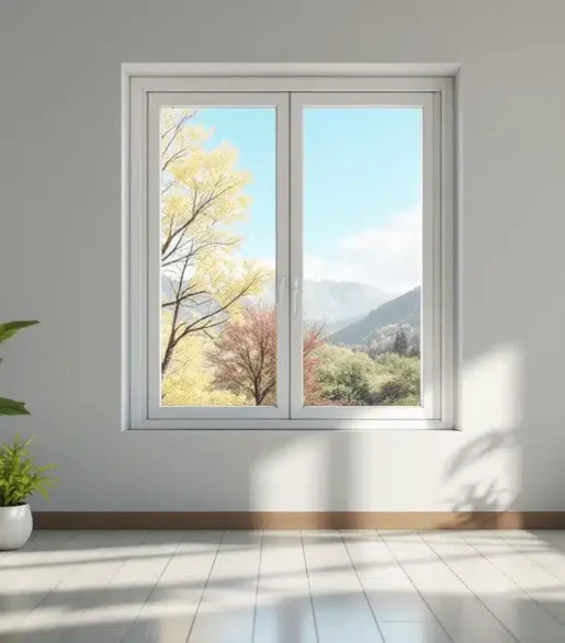 Una stanza soleggiata con tre piante in vaso su un pavimento in legno. Una finestra mostra alberi e montagne contro un cielo azzurro.