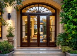 Elegante ingresso di una casa con grandi porte doppie in vetro di Serramenti Roma Est, gradini in pietra, piante in vaso e vegetazione lussureggiante. Interni accoglienti visibili attraverso le porte.