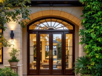 Elegante ingresso di una casa con grandi porte doppie in vetro di Serramenti Roma Est, gradini in pietra, piante in vaso e vegetazione lussureggiante. Interni accoglienti visibili attraverso le porte.