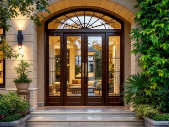 Elegante ingresso di una casa con grandi porte doppie in vetro di Serramenti Roma Est, gradini in pietra, piante in vaso e vegetazione lussureggiante. Interni accoglienti visibili attraverso le porte.